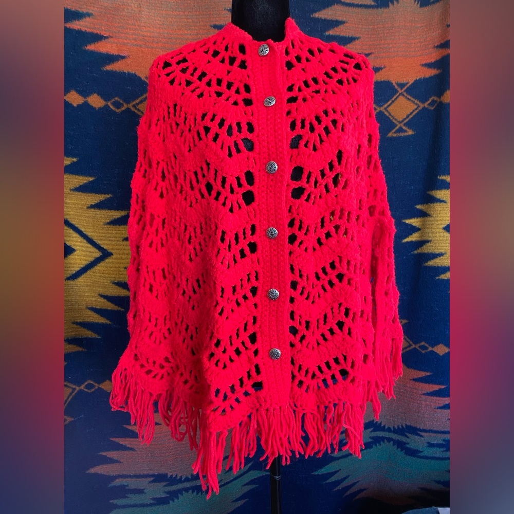 Vintage 1960’s Red Knit Sweater Cape Poncho Shawl that Buttons up!
